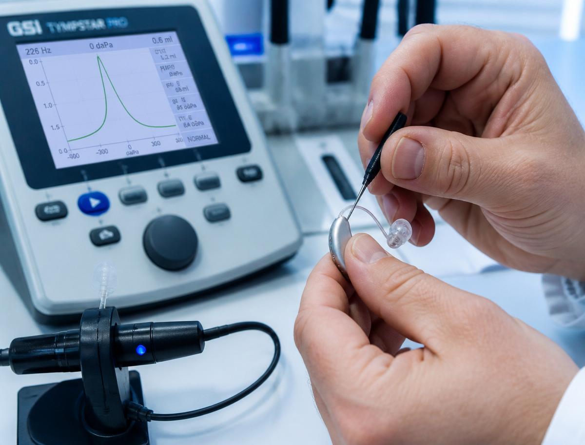 Clinician preparing a hearing aid alongside a tympanometer