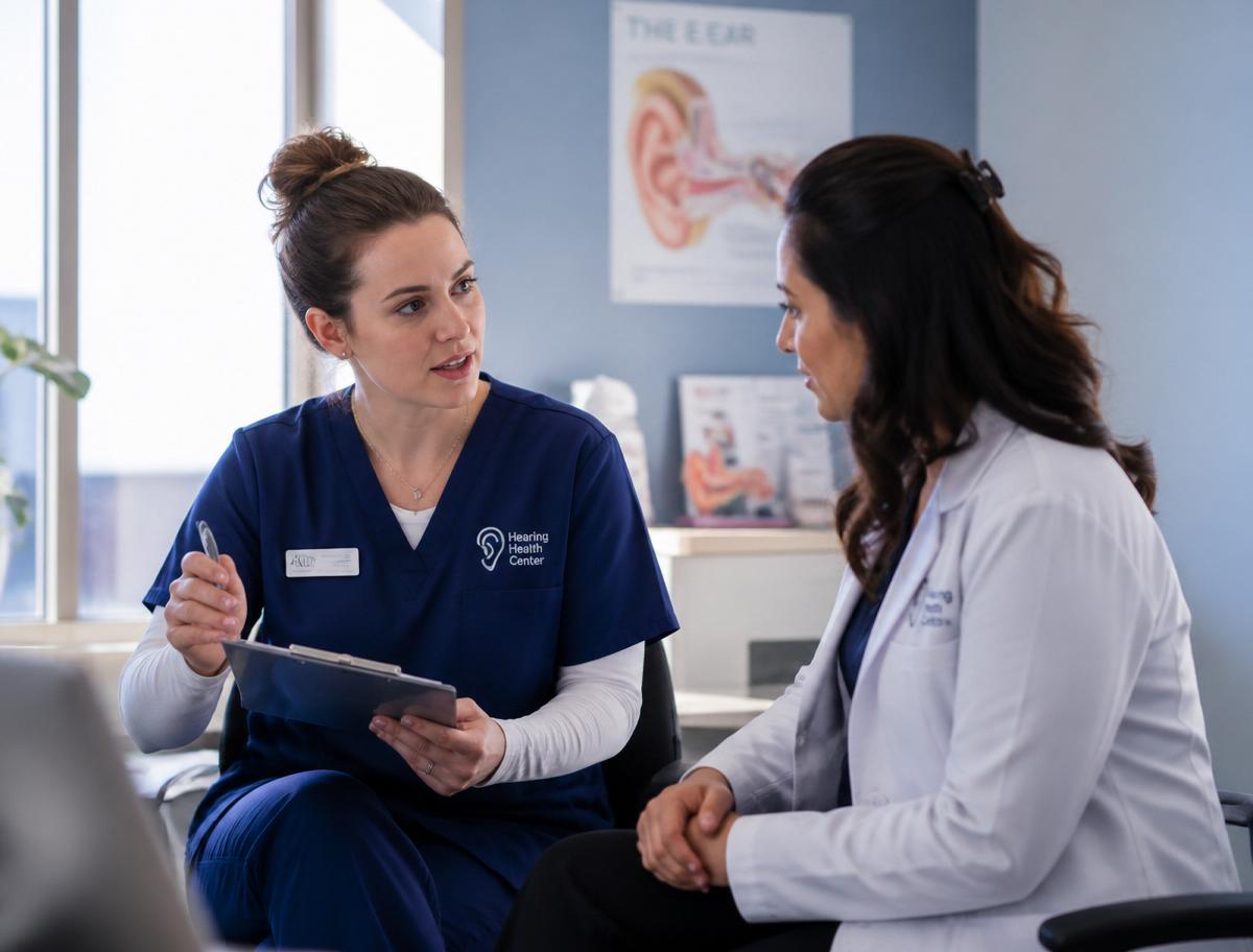Two hearing healthcare professionals in consultation