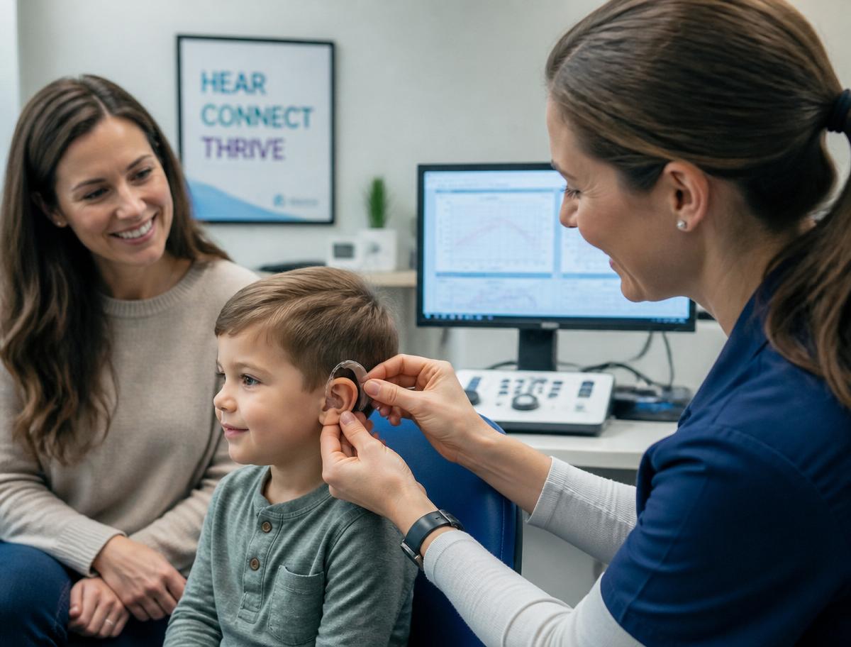 Pediatric audiologist fitting a hearing aid on a young patient
