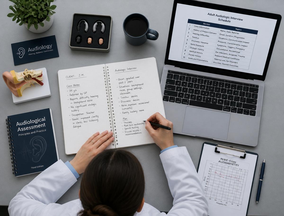 Audiologist reviewing an interview schedule and case notes