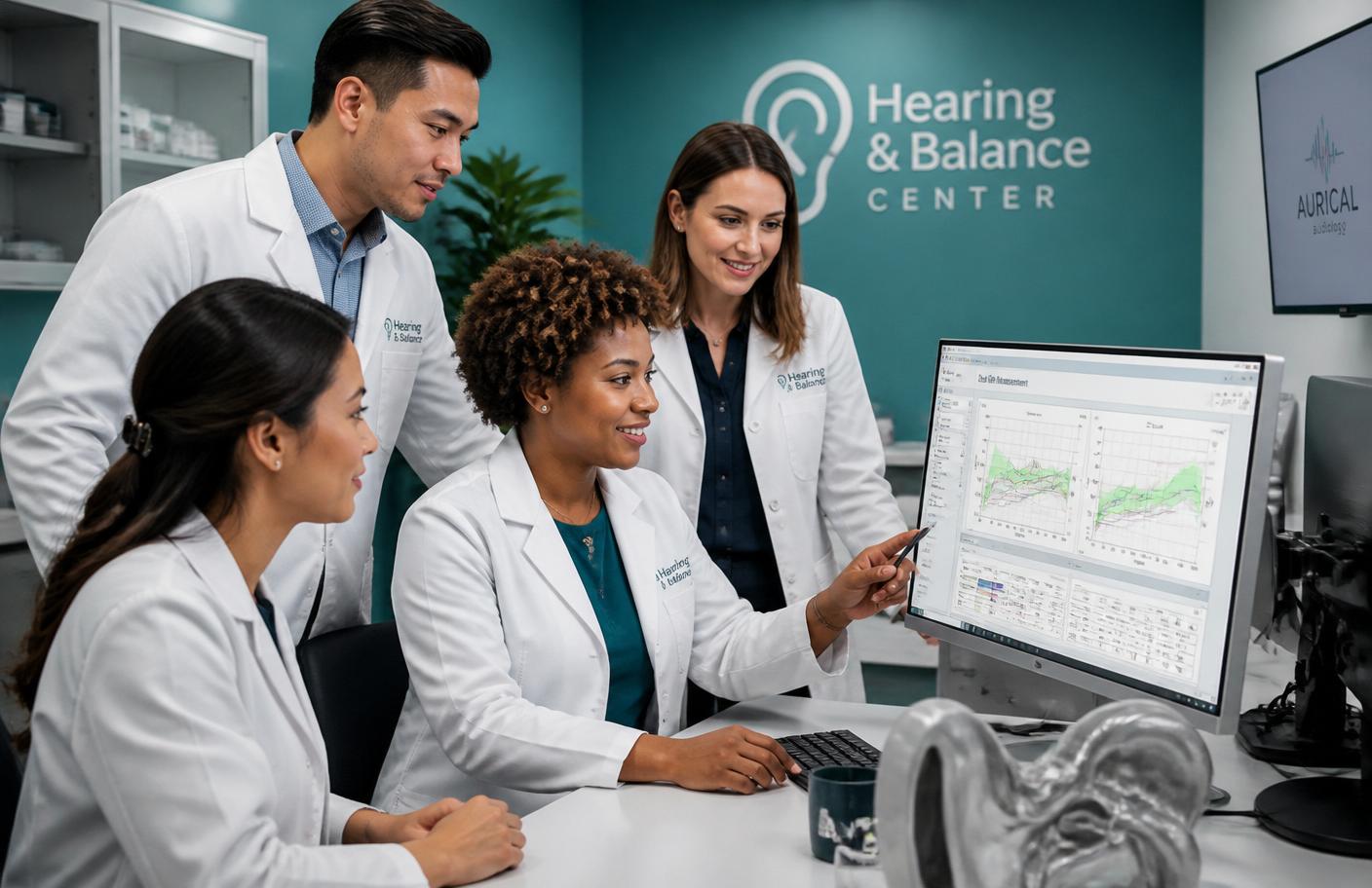 Hearing healthcare professionals reviewing REM data