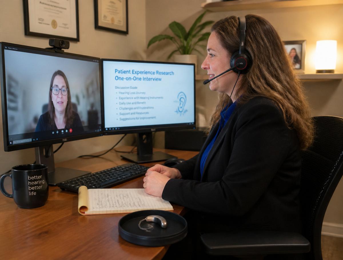 Hearing instrument specialist on a remote video interview